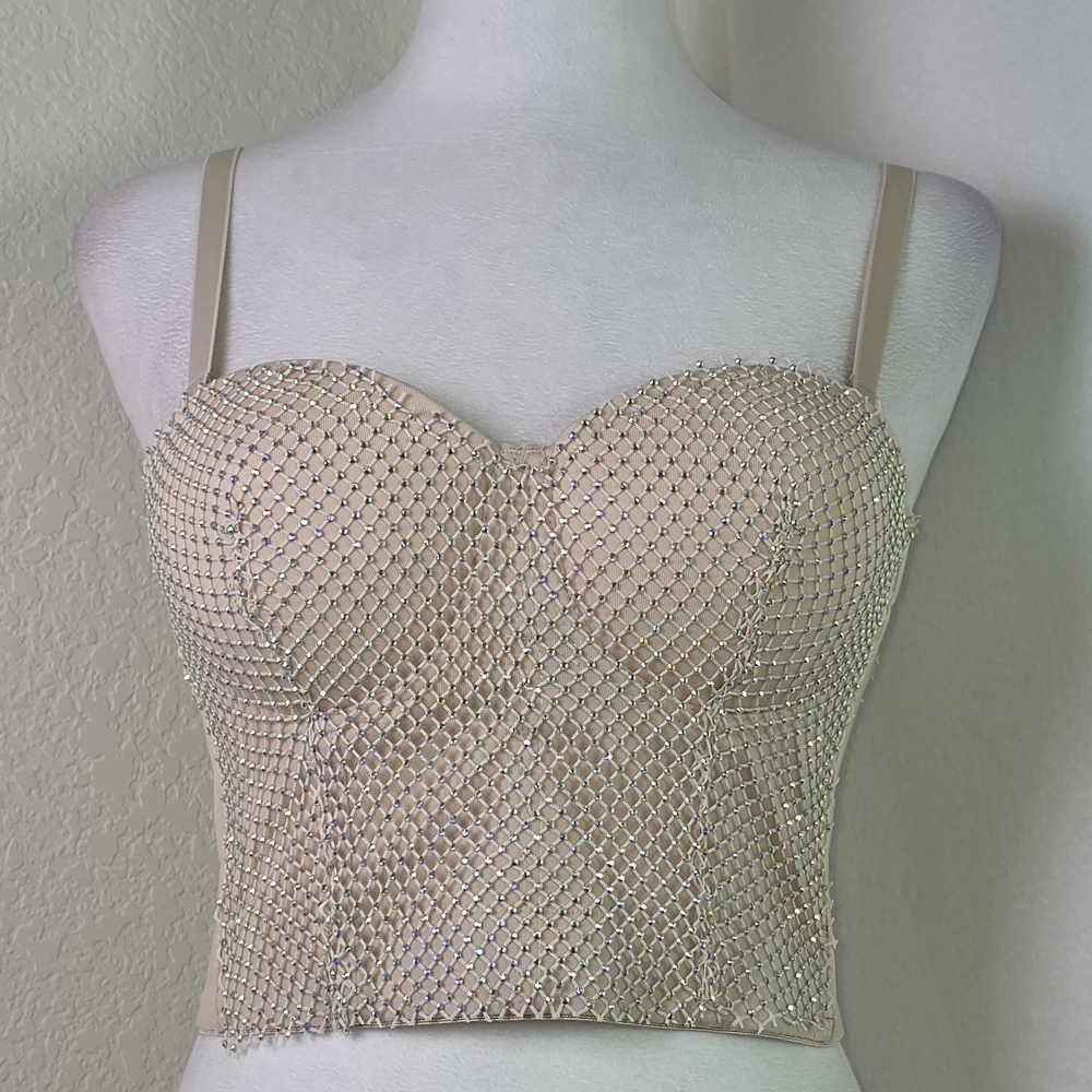 Mulla Nude Rhinestone Mesh Corset Bustier Top Sz Small (36B)
